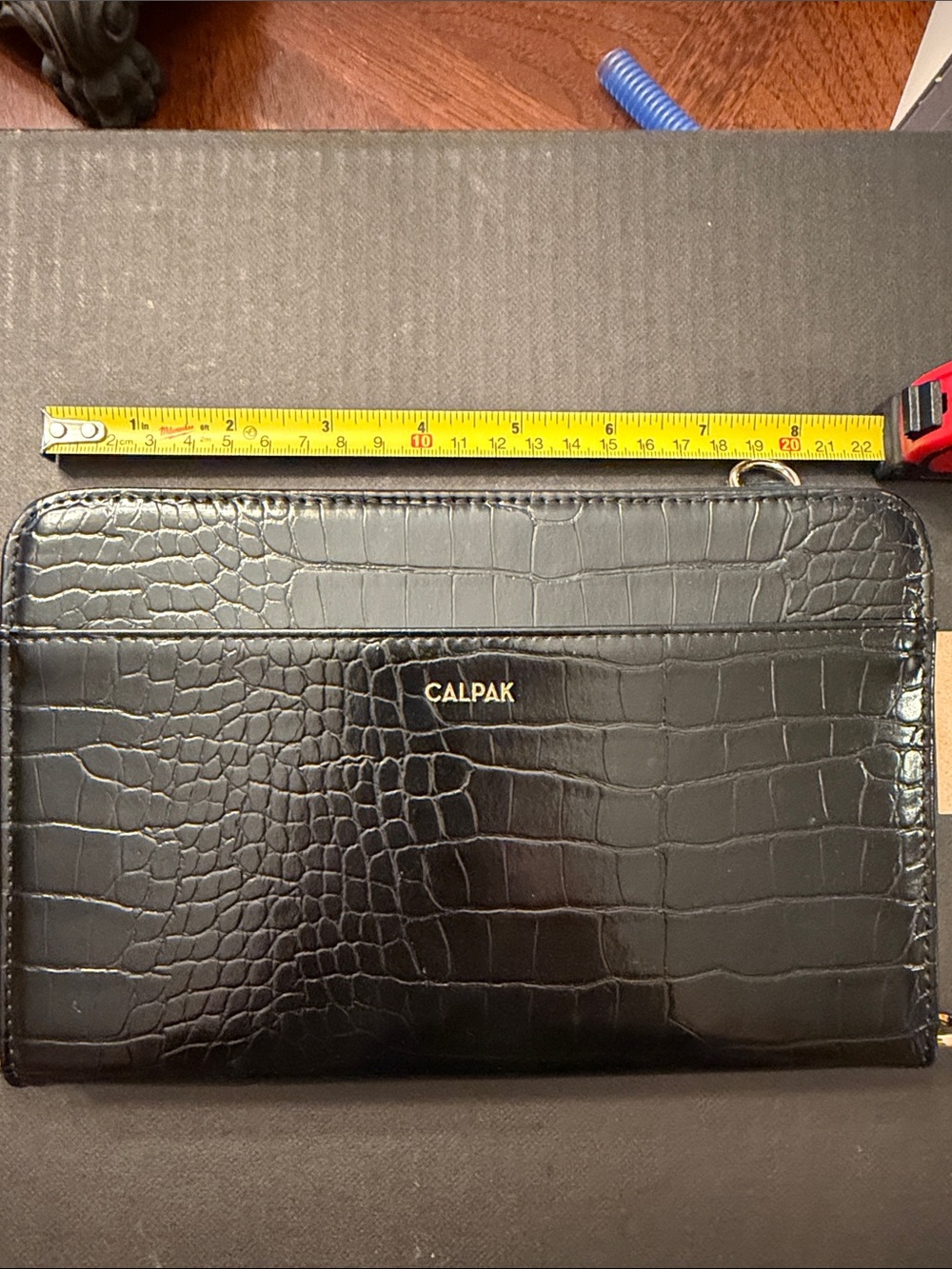 Calpak Black Croc-Embossed Zip Pouch with Gold Logo